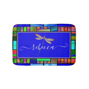 Buntglas und Libelle personalisiert Badematte