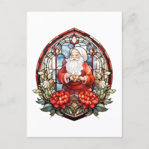 Buntglas Vintage Weihnachtsmann mit Poinsettie Feiertagspostkarte