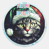 Buntglas-Weihnachten Graue Tabby-Katze in grüner M Runder Aufkleber (Vorderseite)