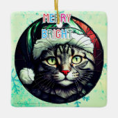 Buntglas-Weihnachten Graue Tabby-Katze mit grüner  Keramikornament (Vorderseite)