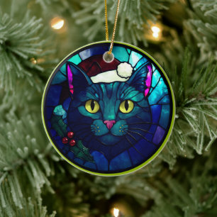 Buntglas-Weihnachten Schwarze Katze mit rotem Hut Keramik Ornament