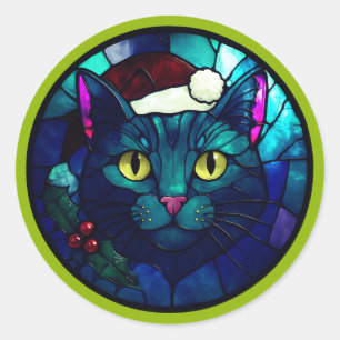 Buntglas-Weihnachten Schwarze Katze mit rotem Hut Runder Aufkleber