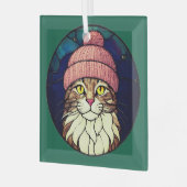 Buntglas-Weihnachts-Tabby-Katze mit rosa Kappe Ornament Aus Glas (Vorderseite links)