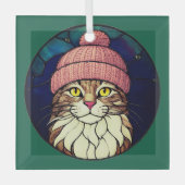 Buntglas-Weihnachts-Tabby-Katze mit rosa Kappe Ornament Aus Glas (Vorderseite)