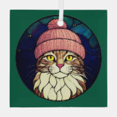 Buntglas-Weihnachts-Tabby-Katze mit rosa Kappe Ornament Aus Glas (Rückseite)