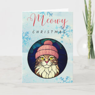 Buntglas-Weihnachts-Tabby-Katze mit rosa Mütze Feiertagskarte