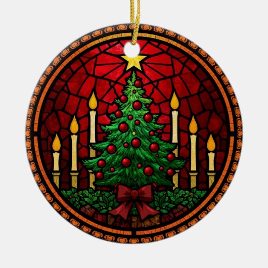 Buntglas-Weihnachtsbaum & Kerzen Keramik Ornament (Vorne)