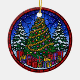 Buntglas-Weihnachtsbaum mit Geschenken Keramik Ornament