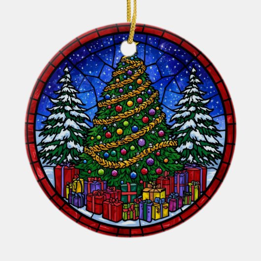 Buntglas-Weihnachtsbaum mit Geschenken Keramik Ornament (Vorne)