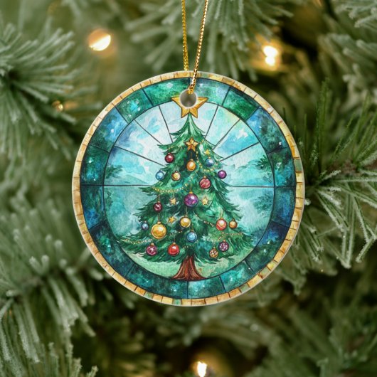 Buntglas-Weihnachtsbaum & Stern Feiertage Keramik Ornament (Baum)