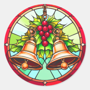 Buntglas-Weihnachtsglocken mit Stechpalme Runder Aufkleber