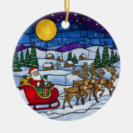 Buntglas-Weihnachtsmann & Rentierschlittenfahrt Keramik Ornament