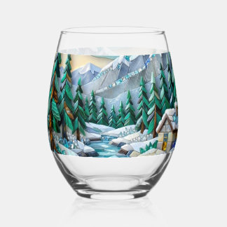 Buntglas-Wintermosaik-Edelstein-Hüttenszene Weinglas Ohne Stiel