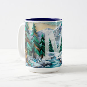Buntglas-Wintermosaik-Edelstein-Hüttenszene Zweifarbige Tasse