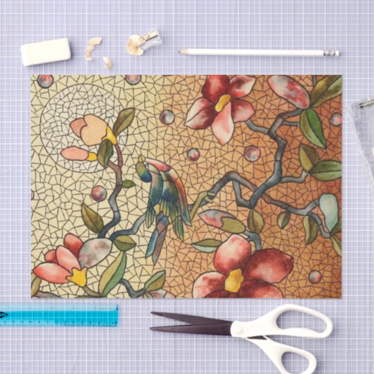 Buntglasartvogel auf einem blühenden Baum Seidenpapier (Handwerk)