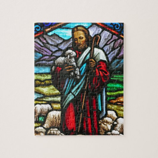 Buntglasbild von Jesus und von Lämmern Puzzle (Vertikal)