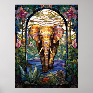 Buntglasfenster-Design mit Elefant Poster