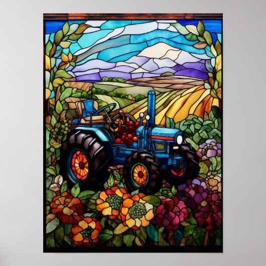 Buntglasfenster mit blauem Farmtraktor  Poster (Vorne)