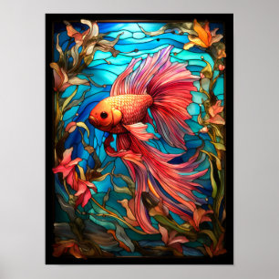 Buntglasfenster mit rosa Kampffisch Poster