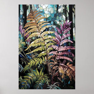 Buntglasfenster tiefer Wald Farn, Waldlandschaft Poster