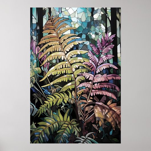 Buntglasfenster tiefer Wald Farn, Waldlandschaft Poster (Vorne)