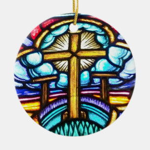 Buntglasfensterkreuz christlicher Weihnachts Schmu Keramik Ornament