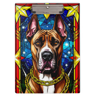 Buntglasporträt eines Hundes mit Goldkette Klemmbrett