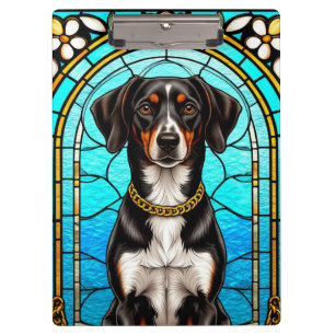Buntglasporträt eines Hundes mit Goldkette Klemmbrett
