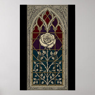 Buntglasrose im gotischen Fenster Goldlinienkunst Poster