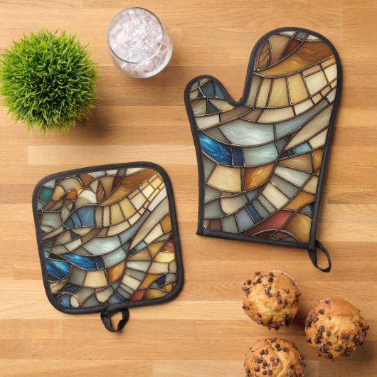 Buntglaswellen Ofenhandschuh & Topflappen-Set (Oben Unten)