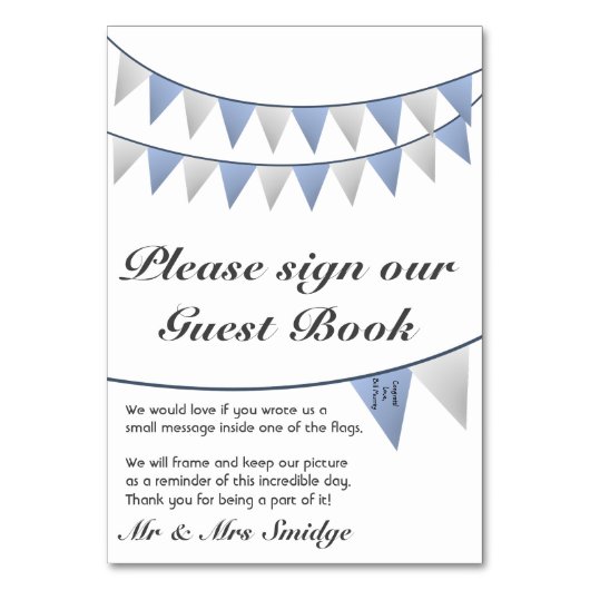 Bunting Blue Wedding Guest Book Sign Tischnummer (Vorderseite)