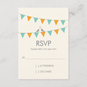 Bunting Love Birds Wedding RSVP - Blue Orange Karte