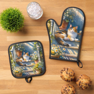Buntkatze auf einem Blumenporch im Cottagecore-Sti Ofenhandschuh & Topflappen-Set