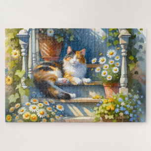 Buntkatze auf einem Blumenporch im Cottagecore-Sti Puzzle