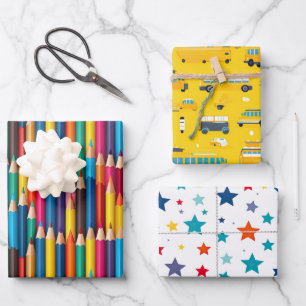 Buntstiftschulbus Bunte Sterne Geschenkpapier Set