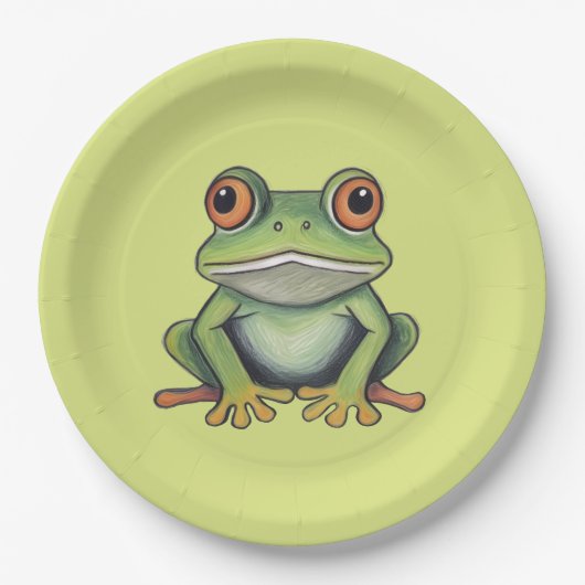 Buntstiftzeichnung Frosch Pappteller (Vorderseite)