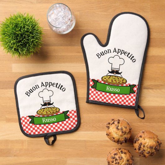 Buon Appetito italienisches Design Ofenhandschuh & Topflappen-Set (Oben Unten)