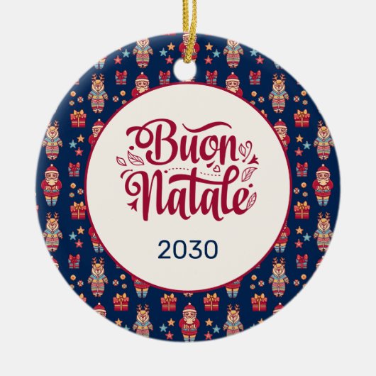 Buon Natale Folk Santa Reindeer Blue Custom Keramik Ornament (Vorne)