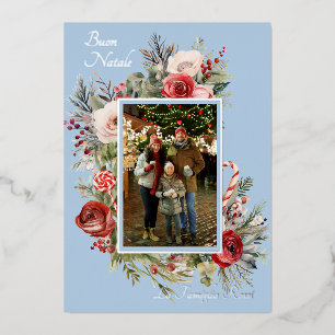 Buon Natale Foto Floral Blue Foil Folien Feiertagskarte