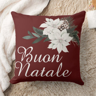 Buon Natale Italian Christmas Floral on Dark Red Kissen