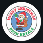 Buon Natale Italian Christmas Santa Santa Runder Aufkleber<br><div class="desc">Buon Natale Italienischer Weihnachtsmann. Sage frohe Weihnachten auf Italienisch mit diesem niedlichen Buon Natale Cartoon Santa Design.</div>