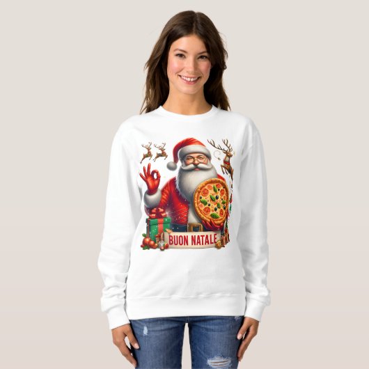 Buon Natale Italian Santa mit Pizza & Reindeer Sweatshirt (Vorne ganz)