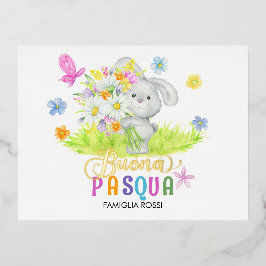 Buona Pasqua Niedlich Rabbit Bouquet Spring Flower Folien Feiertagspostkarte