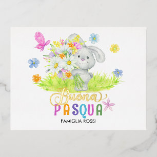 Buona Pasqua Niedlich Rabbit Bouquet Spring Flower Folien Feiertagspostkarte
