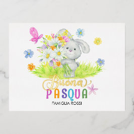 Buona Pasqua Niedlich Rabbit Bouquet Spring Flower Folien Feiertagspostkarte