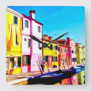 Burano, Aquarellmalerei in Venedig Quadratische Wanduhr