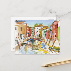 Burano-Kanalbrücke Wasserfarben Reflexionen Postkarte