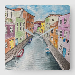 Burano Venice Helle Häuser  Quadratische Wanduhr