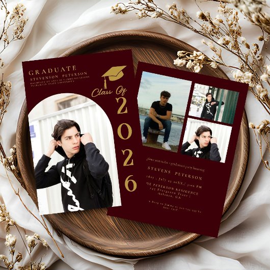 Burdundy and Gold Photo Graduation Einladung