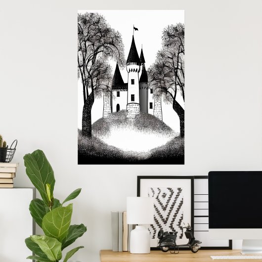 Burg auf dem Hügel Schwarz-Weiß-Zeichnung | Art de Poster (Heimbüro)